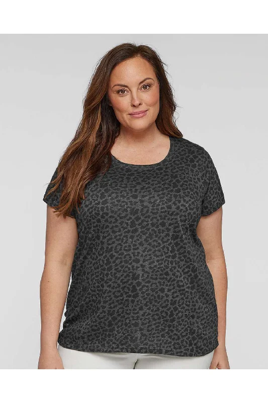 Women's lightweight linen T - shirt for warm weatherLAT Womens Curvy Collection Fine Jersey Short Sleeve Crewneck T-Shirt - Black Leopard - NEW