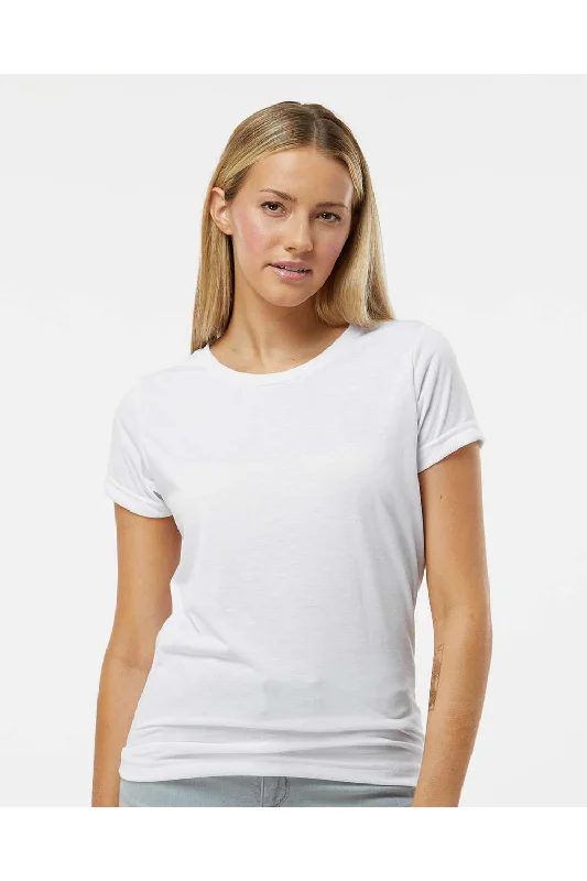 Women's T - shirt with a cropped and fitted bodice and a flared skirtSublivie Womens Polyester Sublimation Short Sleeve Crewneck T-Shirt - White - NEW Women's T - shirt with a cropped and fitted bodice and a flared skirtSublivie Womens Polyester Sublimation Short Sleeve Crewneck T-Shirt - White - NEW