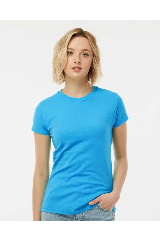 Open - front women's T - shirt with a beltTultex Womens Fine Jersey Slim Fit Short Sleeve Crewneck T-Shirt - Turquoise Blue - NEW Open - front women's T - shirt with a beltTultex Womens Fine Jersey Slim Fit Short Sleeve Crewneck T-Shirt - Turquoise Blue - NEW
