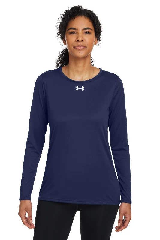 Women's T - shirt with a metallic - colored buttonUnder Armour Womens Team Tech Moisture Wicking Long Sleeve Crewneck T-Shirt - Midnight Navy Blue Women's T - shirt with a metallic - colored buttonUnder Armour Womens Team Tech Moisture Wicking Long Sleeve Crewneck T-Shirt - Midnight Navy Blue