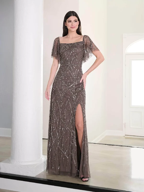 "Beaded dresses for women for a glamorous look"Adrianna Papell Platinum 40457 - Sequined Short Sleeve Long Dress