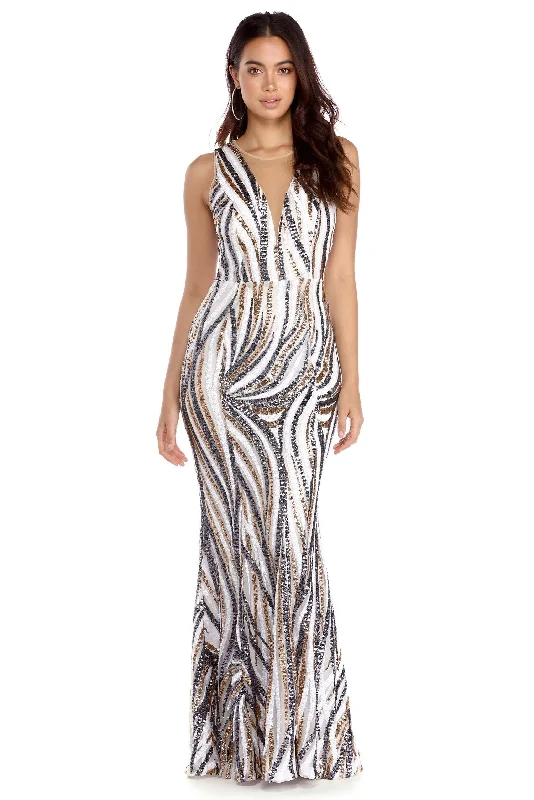 "Striped dresses for women with a classic touch"April Cascading Sequins Formal Dress "Striped dresses for women with a classic touch"April Cascading Sequins Formal Dress