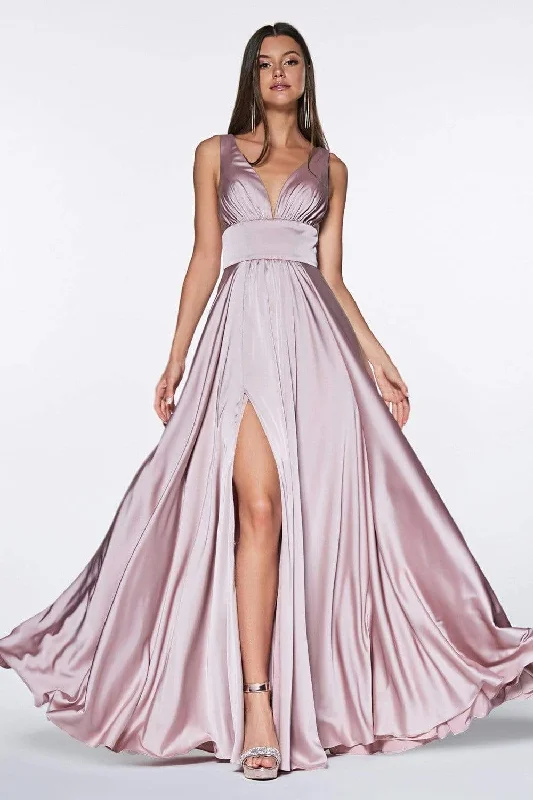 "Bodycon dresses for women to show off curves"Cinderella Divine - 7469 V Neck High Slit Satin Flowy A-Line Dress "Bodycon dresses for women to show off curves"Cinderella Divine - 7469 V Neck High Slit Satin Flowy A-Line Dress