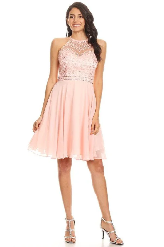 "Plus size wedding dresses for women with a perfect fit"Eureka Fashion - 8222 Embroidered Illusion Halter Knee Length Dress "Plus size wedding dresses for women with a perfect fit"Eureka Fashion - 8222 Embroidered Illusion Halter Knee Length Dress