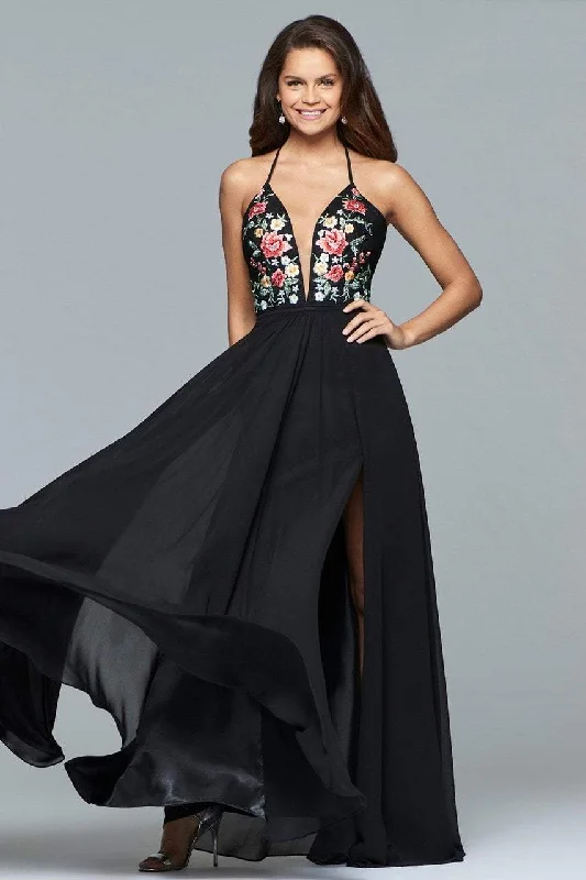"Lace dresses for women for a romantic and elegant look"Faviana - 10000 Plunging Floral Embroidered Chiffon Simple Prom Gown "Lace dresses for women for a romantic and elegant look"Faviana - 10000 Plunging Floral Embroidered Chiffon Simple Prom Gown