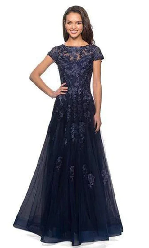 "Striped dresses for women with a classic touch"La Femme - 26907 Lace Applique Bateau A-line Dress "Striped dresses for women with a classic touch"La Femme - 26907 Lace Applique Bateau A-line Dress