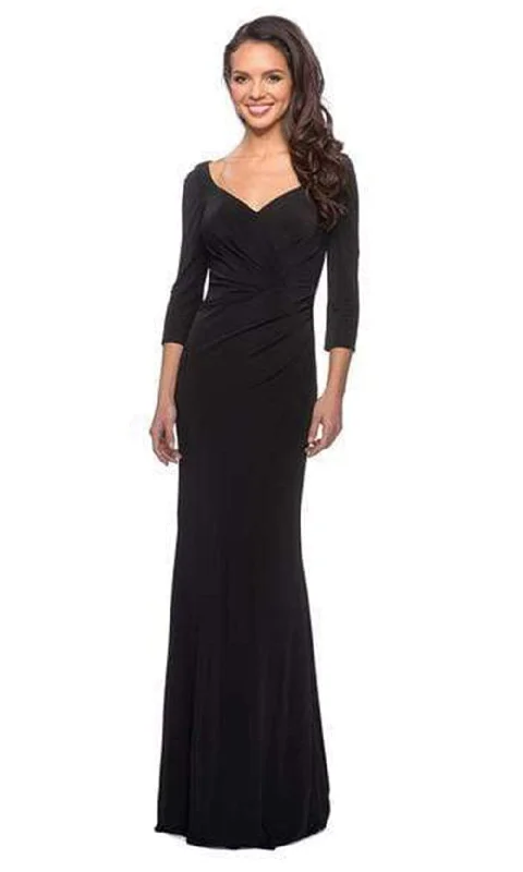 "Boho wedding dresses for women for a free - spirited vibe"La Femme - 26955 Ruched V-neck Sheath Dress "Boho wedding dresses for women for a free - spirited vibe"La Femme - 26955 Ruched V-neck Sheath Dress