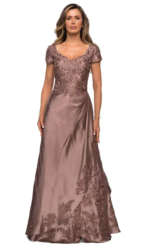 "Striped dresses for women with a classic touch"La Femme - 27033 Floral Satin A-Line Mother of the Bride Gown "Striped dresses for women with a classic touch"La Femme - 27033 Floral Satin A-Line Mother of the Bride Gown