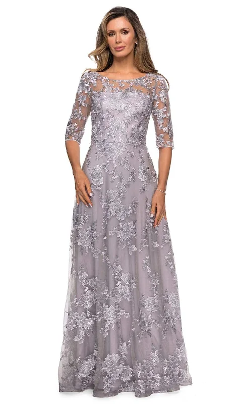 "Lace dresses for women for a romantic and elegant look"La Femme - 27854 Embroidered Lace Quarter Sleeve A-Line Dress "Lace dresses for women for a romantic and elegant look"La Femme - 27854 Embroidered Lace Quarter Sleeve A-Line Dress
