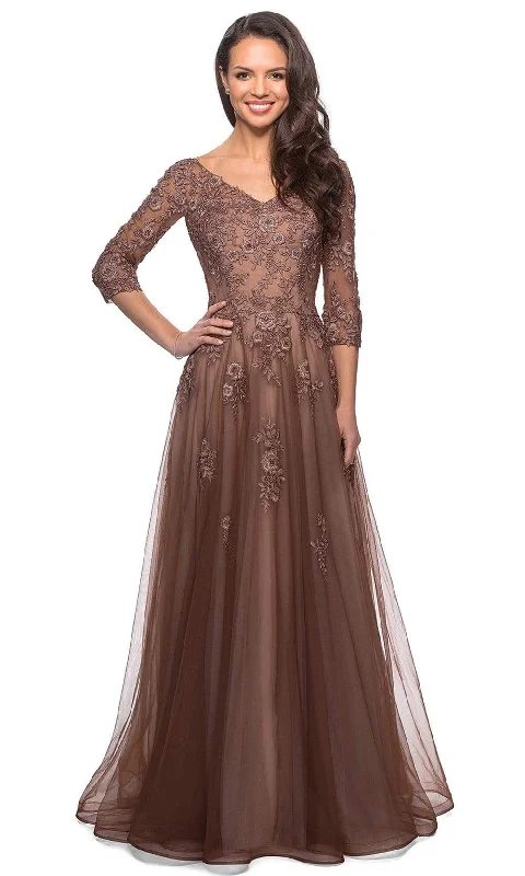 "Plus size formal dresses for women for special events"La Femme - 27908 Floral Lace V-Neck A-line Gown