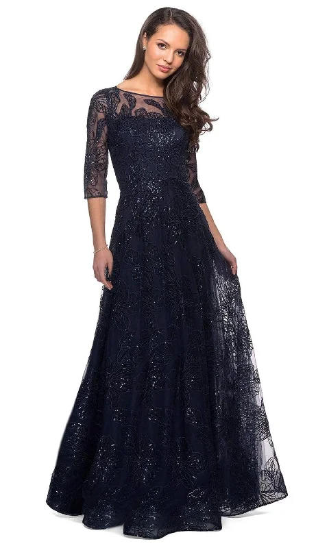 "Stylish cocktail dresses for women on a budget"La Femme - 27942 Quarter Sleeve Sequined Lace A-Line Dress "Stylish cocktail dresses for women on a budget"La Femme - 27942 Quarter Sleeve Sequined Lace A-Line Dress
