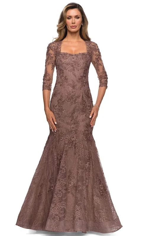 "Ruffled dresses for women for added femininity"La Femme - 28033 Quarter Sleeves Floral Lace Mermaid Gown "Ruffled dresses for women for added femininity"La Femme - 28033 Quarter Sleeves Floral Lace Mermaid Gown