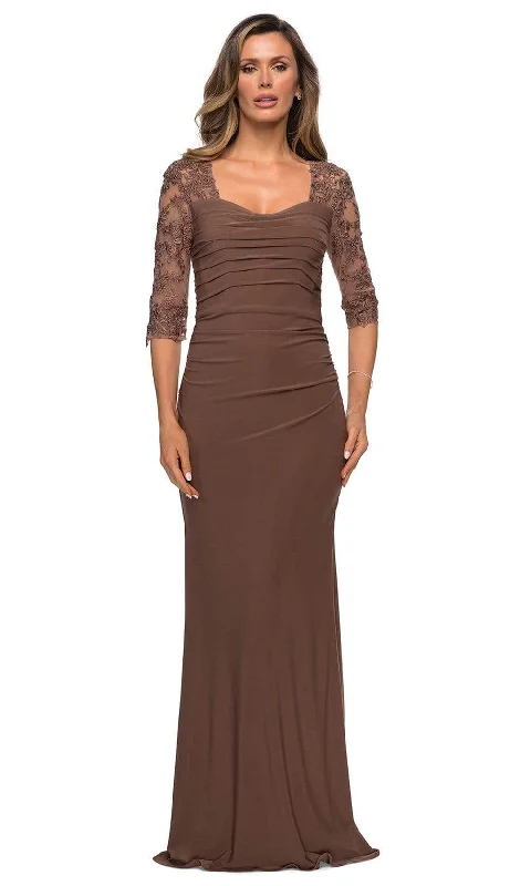 "Mini dresses for women for a youthful and trendy look"La Femme - 28056 Lace V-Neck Jersey Mother of the Bride Dress "Mini dresses for women for a youthful and trendy look"La Femme - 28056 Lace V-Neck Jersey Mother of the Bride Dress