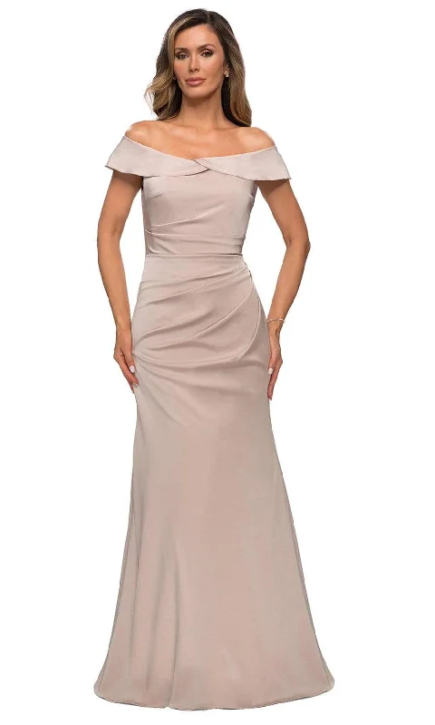 "Plus size wedding dresses for women with a perfect fit"La Femme - 28110 Off Shoulder Ruche-Ornate Trumpet Dress