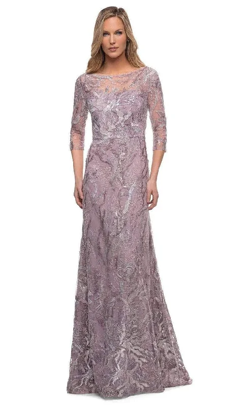 "Denim dresses for women for a casual and cool style"La Femme - 29233 Sheer Sleeve Embroidered A-line Gown "Denim dresses for women for a casual and cool style"La Femme - 29233 Sheer Sleeve Embroidered A-line Gown
