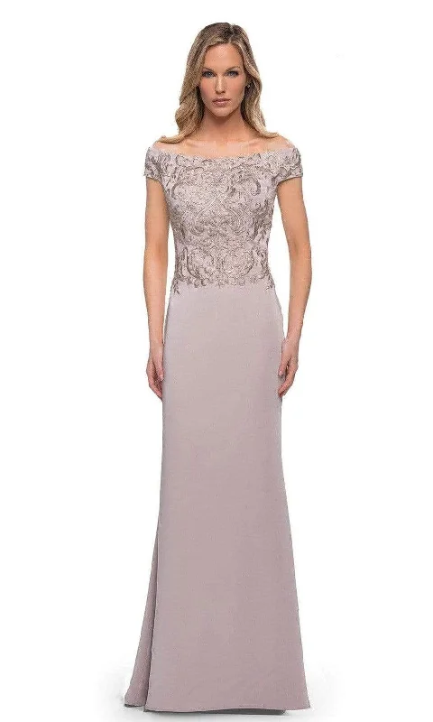 "Simple wedding dresses for women who prefer understated elegance"La Femme - 29331 Off Shoulder Formal Sheath Dress "Simple wedding dresses for women who prefer understated elegance"La Femme - 29331 Off Shoulder Formal Sheath Dress