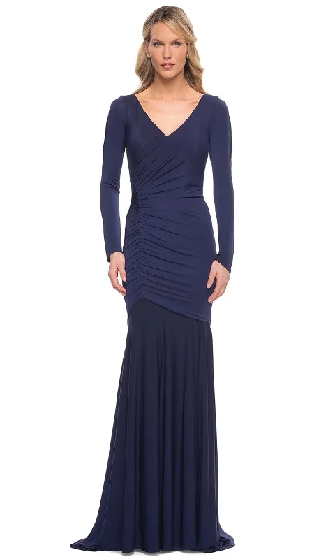 "Sustainable and eco - friendly women's dresses"La Femme 30010 - Ruched Jersey Long Sleeve Mother of the Bride Dress "Sustainable and eco - friendly women's dresses"La Femme 30010 - Ruched Jersey Long Sleeve Mother of the Bride Dress