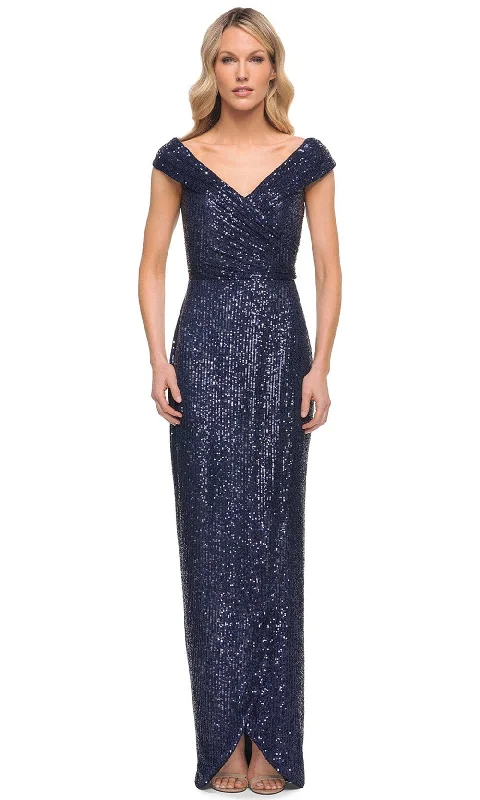 "Ruffled dresses for women for added femininity"La Femme 30326 - Ruched V-Neck Long Mother of the Groom Dress "Ruffled dresses for women for added femininity"La Femme 30326 - Ruched V-Neck Long Mother of the Groom Dress