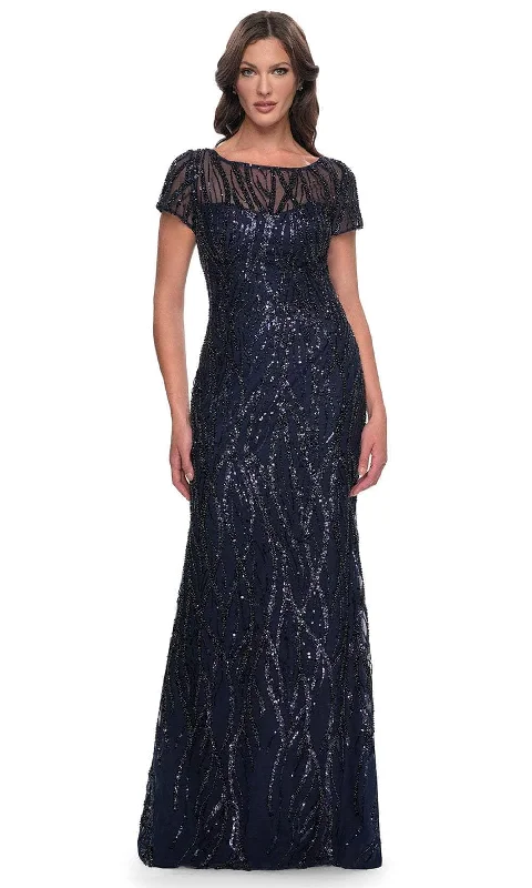 "Sustainable and eco - friendly women's dresses"La Femme 31005 - Illusion Neck Sequin Embellished Evening Dress "Sustainable and eco - friendly women's dresses"La Femme 31005 - Illusion Neck Sequin Embellished Evening Dress
