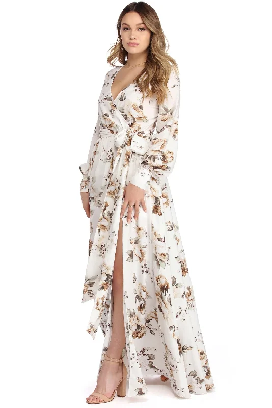 "Elegant wedding guest dresses for women under $100"Makayla Floral Chiffon Wrap Dress