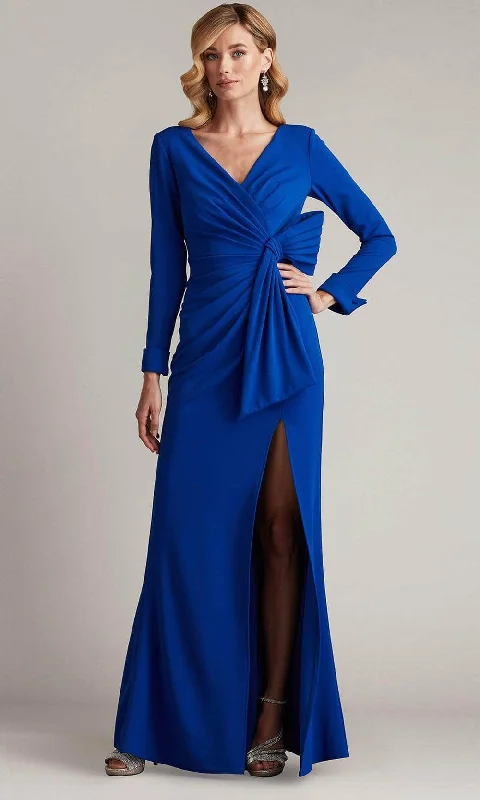 "Elegant wedding guest dresses for women under $100"Tadashi Shoji BOS24469L - Draped V-Neck Evening Gown