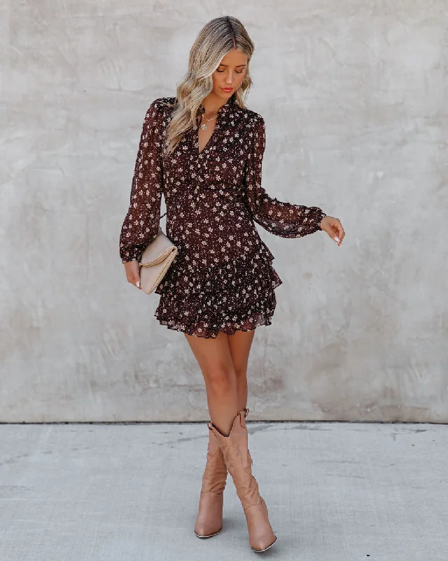 vintage style mini dressesAyesha Floral Ruffle Dress - Brown - FINAL SALE