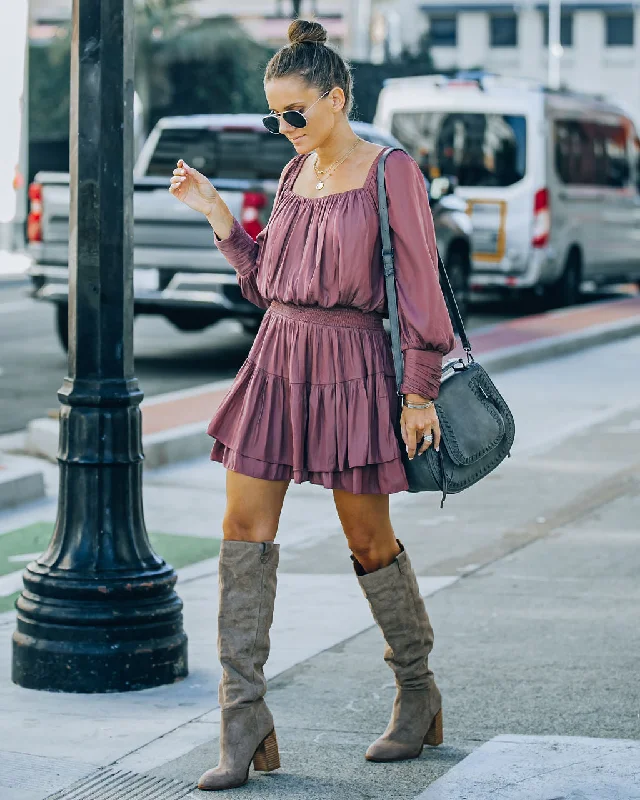 polyester mini dressesAyla Smocked Ruffle Mini Dress - Dark Mauve - FINAL SALE