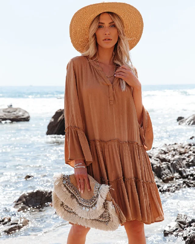 minimalist mini dressesBarefoot On The Beach Pocketed Tiered Tunic - Caramel