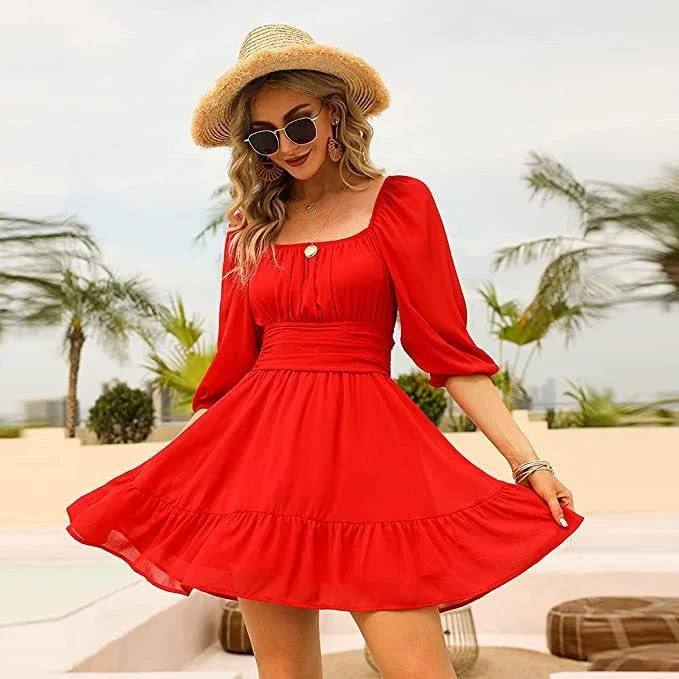 asymmetrical mini dressesBlythe Gathered Puff Sleeve Dress - Red