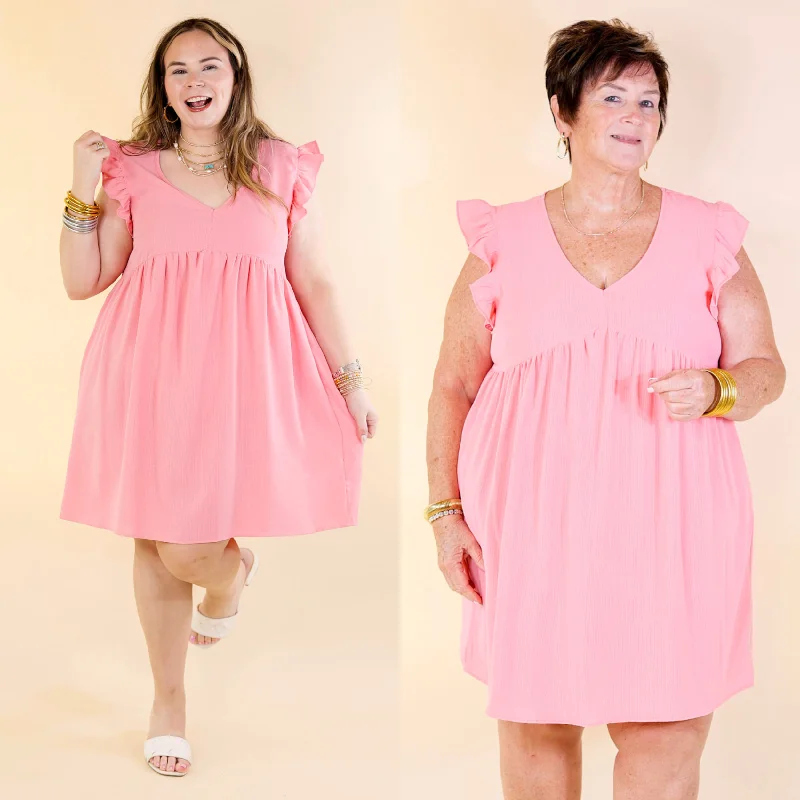 retro 80s mini dressesCapture Your Attention V Neck Dress with Ruffle Cap Sleeves in Bubblegum Pink retro 80s mini dressesCapture Your Attention V Neck Dress with Ruffle Cap Sleeves in Bubblegum Pink