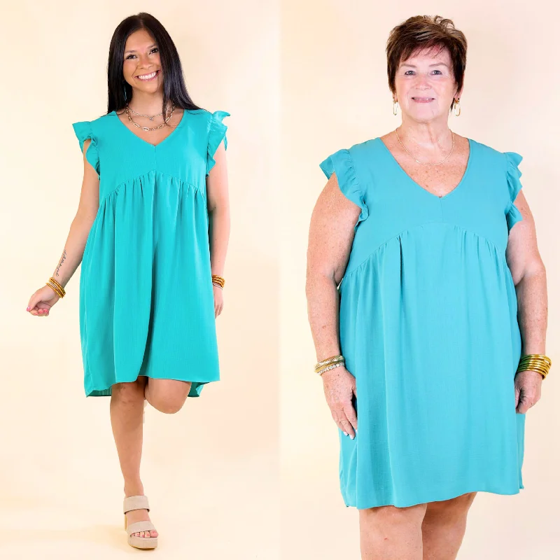 quick dry mini dressesCapture Your Attention V Neck Dress with Ruffle Cap Sleeves in Turquoise quick dry mini dressesCapture Your Attention V Neck Dress with Ruffle Cap Sleeves in Turquoise