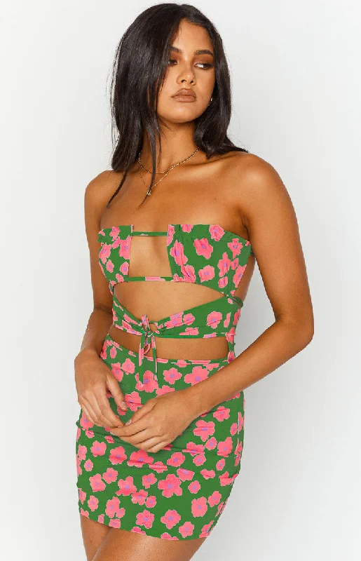 evening mini dressesChantria Green Floral Strapless Mini Dress