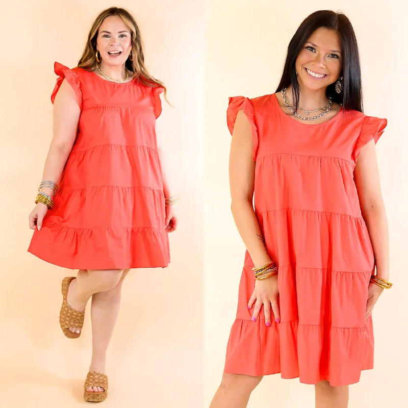 bohemian mini dressesChoose Confidence Ruffle Cap Sleeve Tiered Dress in Coral Red