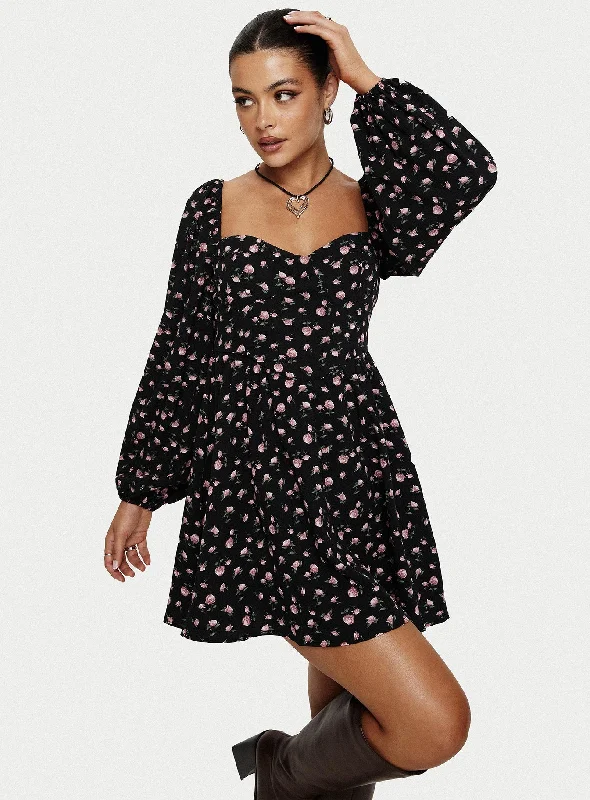 school uniform mini dressesDarso Long Sleeve Mini Dress Black Floral