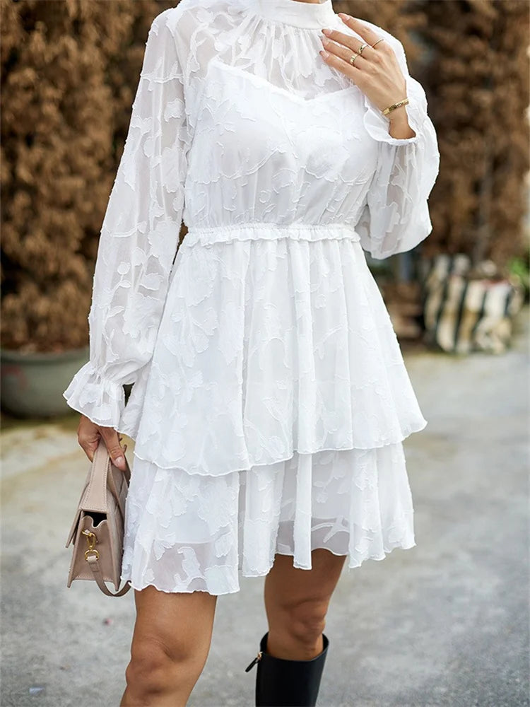 zip up mini dressesFashionSierra - Elegant High Waist Lace Floral Mesh Long Sleeve Mini Dres