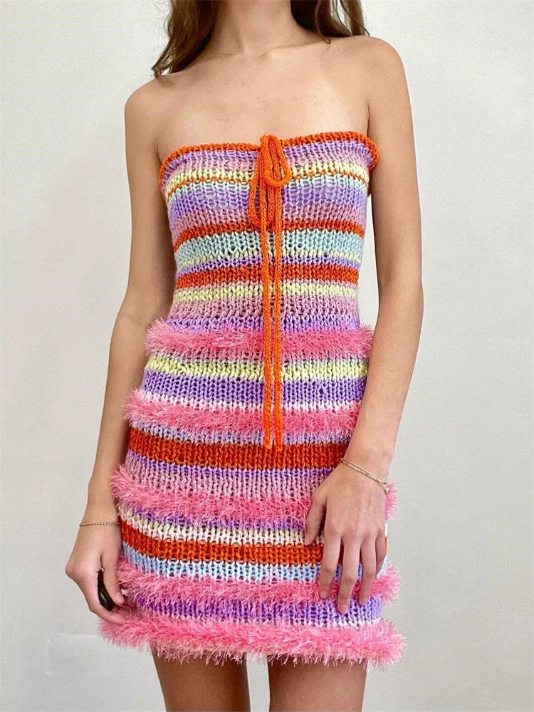 kawaii mini dressesFashionSierra - Front Tie-up Striped Print Fur Patchwork Mini Dress