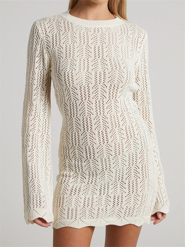 brown mini dressesFashionSierra - Knitted Long Sleeve Backless Tie-up Solid Mini Dress