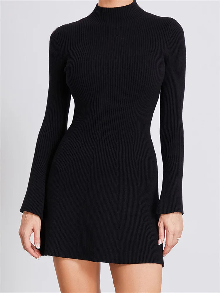 breathable mini dressesFashionSierra - Knitted Ribbed Long Sleeve High Neck Slim Fit Mini Dress
