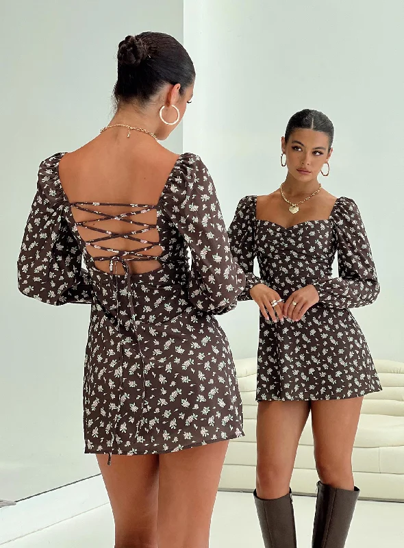 pink mini dressesLandon Long Sleeve Mini Dress Brown Floral
