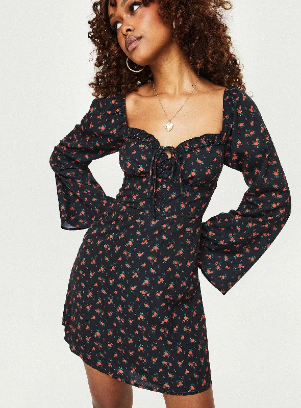 zip up mini dressesLove Birds Long Sleeve Mini Dress Black / Red Floral