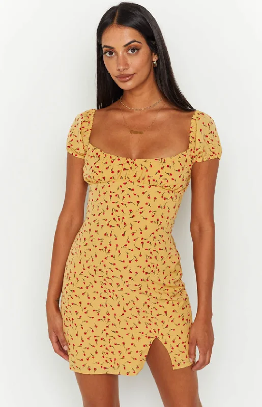 wedding guest mini dressesLove & Lust Yellow Floral Cap Sleeve Mini Dress