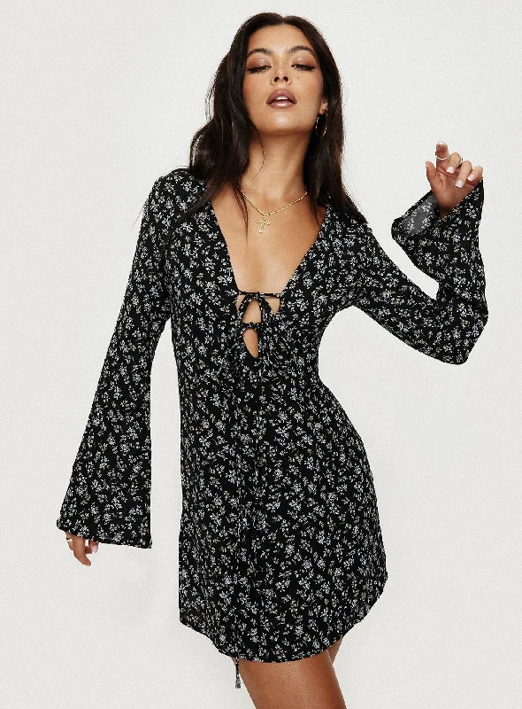 blue mini dressesMalop Long Sleeve Mini Dress Black Floral