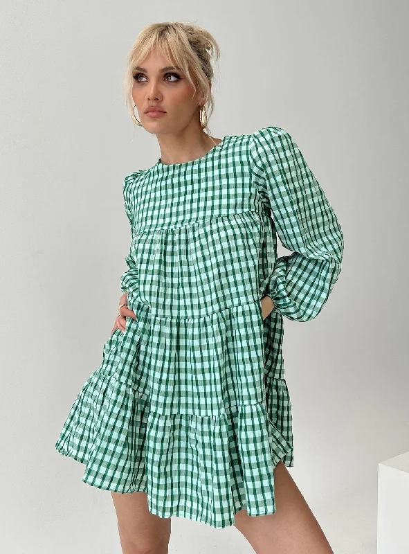 kids mini dressesMiami Long Sleeve Mini Dress Green Check