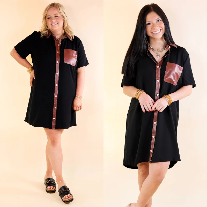 animal print mini dressesPut Your Records On Button Up Faux Leather Trim Dress in Black