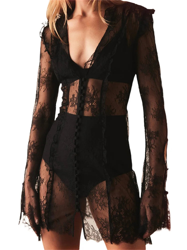 convertible mini dressesFashionSierra - Retro Long Flare Sleeve Deep V-neck Lace Mini Dress convertible mini dressesFashionSierra - Retro Long Flare Sleeve Deep V-neck Lace Mini Dress