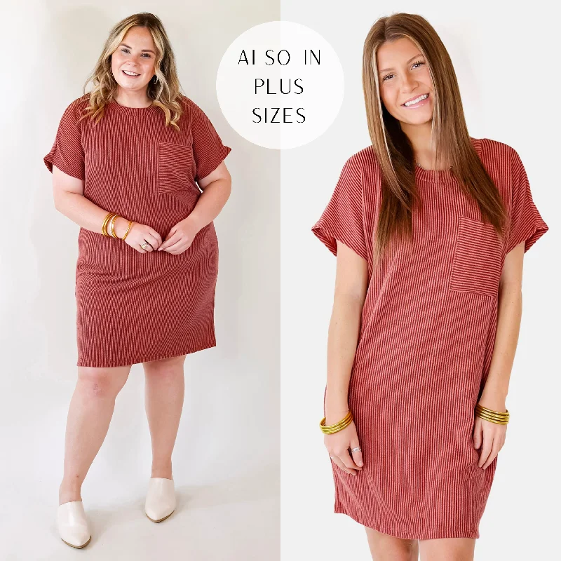 bohemian mini dressesCoffee and Carefree Ribbed Short Sleeve Dress with Front Pocket in Rust Red