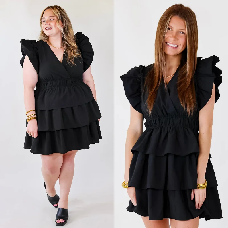 see through mini dressesThe Perfect Night Ruffle Cap Sleeve Dress in Black