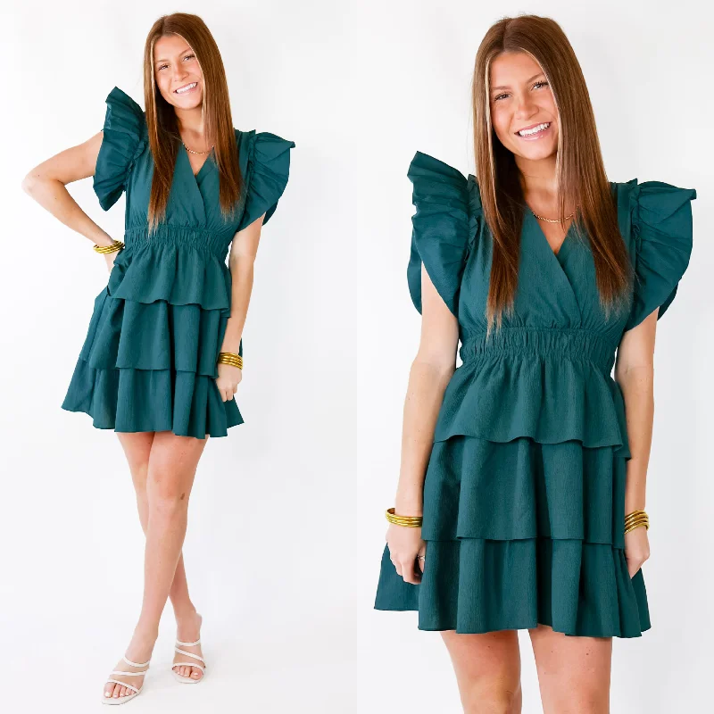 white mini dressesThe Perfect Night Ruffle Cap Sleeve Dress in Dark Teal