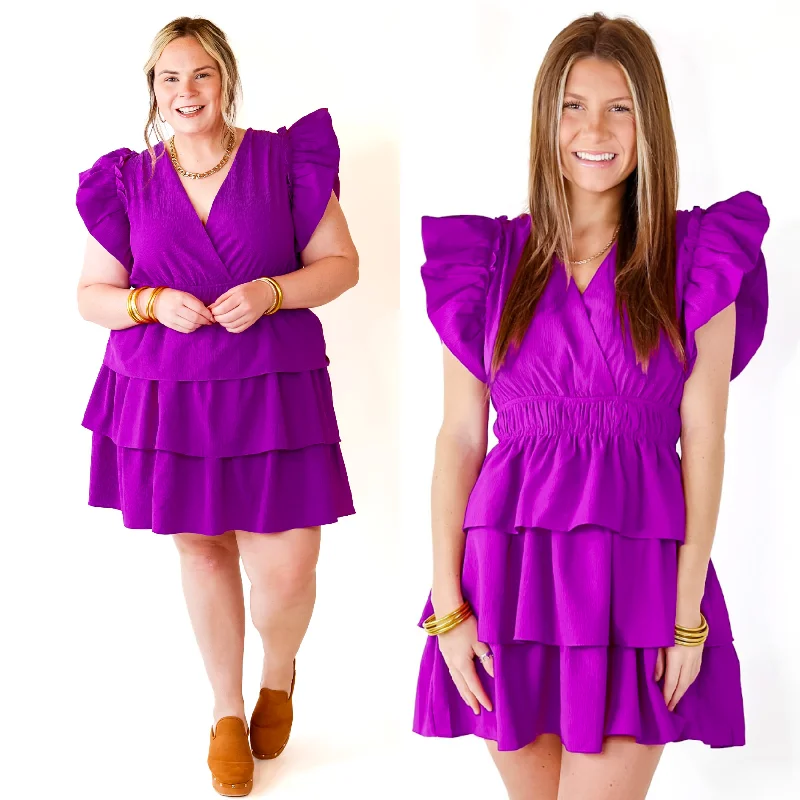 easy care mini dressesThe Perfect Night Ruffle Cap Sleeve Dress in Violet Purple