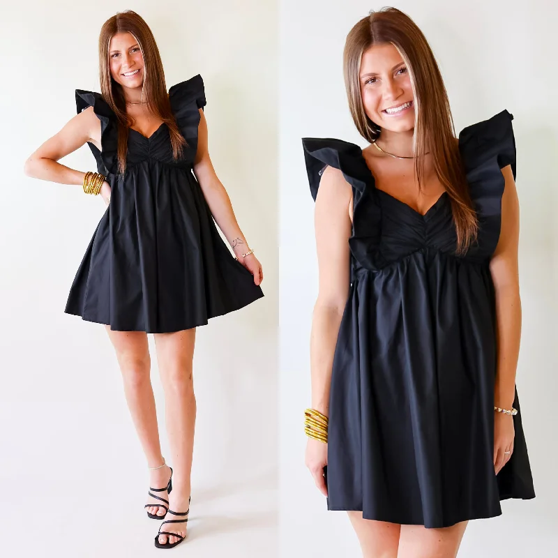 denim mini dressesPixie Perfect Ruffled Sleeve V Neck Dress in Black